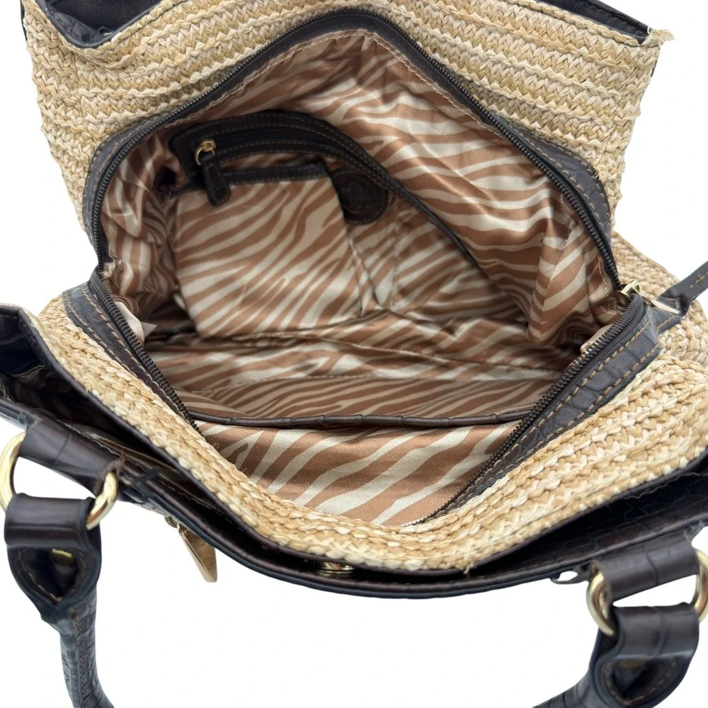 Dana Buchman Straw Raffia Shoulder Bag Brown Croc Leather Satchel Tote
